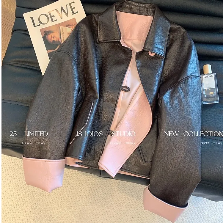 2025新款秋季设计感复古撞色拼接皮衣外套女高级气质休闲百搭上衣