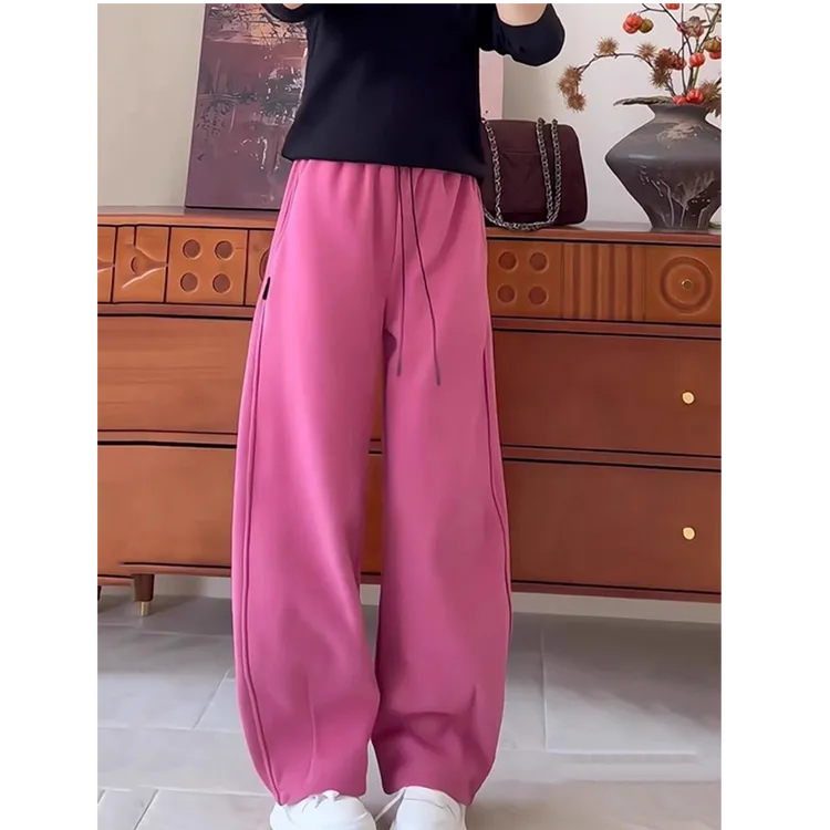 粉色运动裤子女春秋季2025新款巨好看高腰香蕉弯刀阔腿裤休闲卫裤