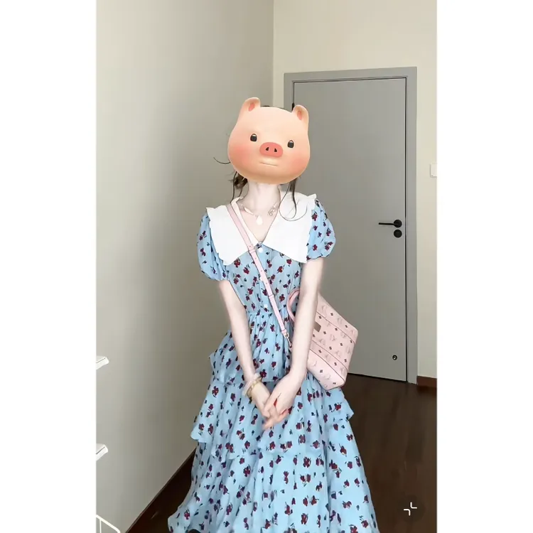 大码【蓝色记忆】法式小众碎花雪纺连衣裙夏季蕾丝假两件蛋糕仙女裙