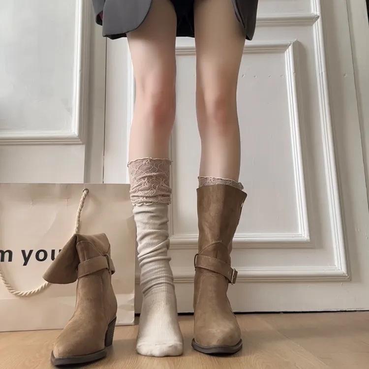 坡跟高跟尖头绒面堆堆靴中筒骑士靴女鞋2025秋冬季瘦瘦长筒长靴子