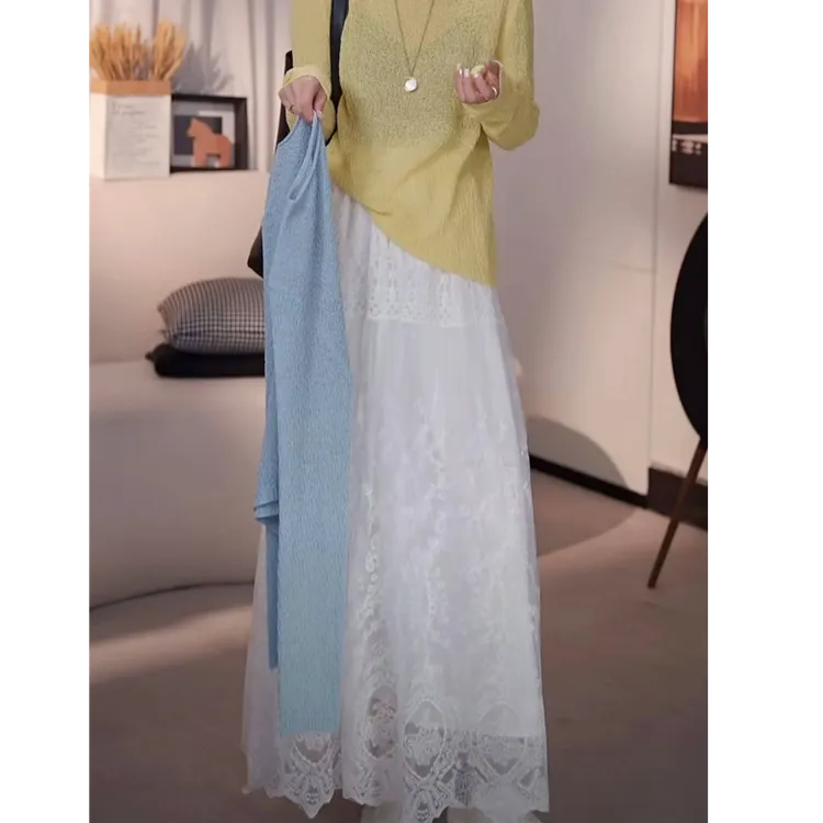 欧若风针织衫上衣+白色蕾丝半身裙大摆长裙两件套女2025春款套装