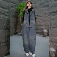【秋装牛仔女款套装】连帽马甲2025新款大码宽松显瘦裤子