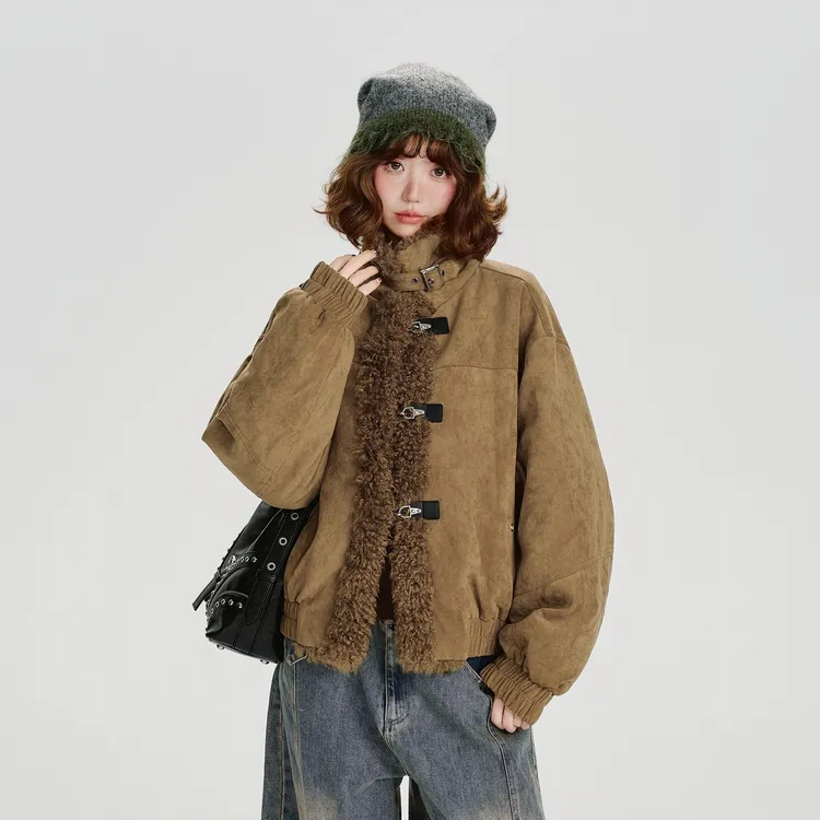 美式复古麂皮绒拼接羊羔毛棉衣外套女秋冬季新款加厚棉服外套女