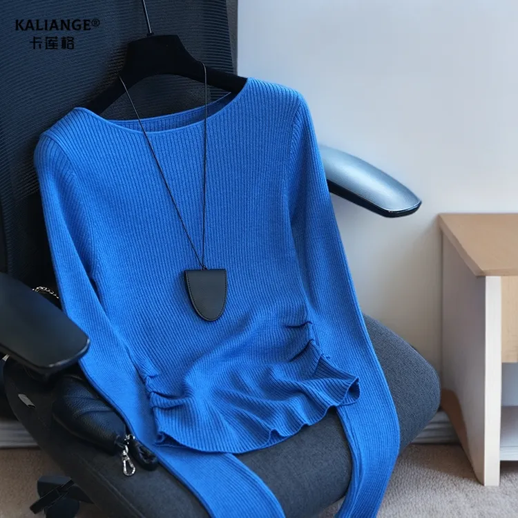 克莱因蓝色长袖针织衫女春季新款气质掐腰设计感修身显瘦百搭上衣