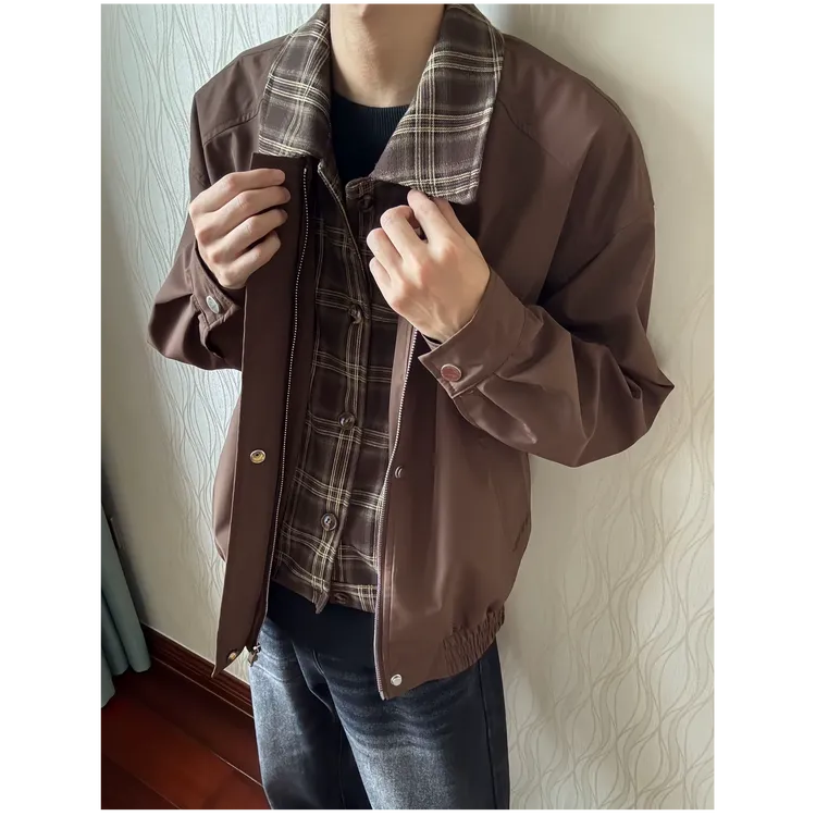 LlGGlCC秋冬古着vintage棕色格子假两件夹克男美拉德穿搭情侣外套