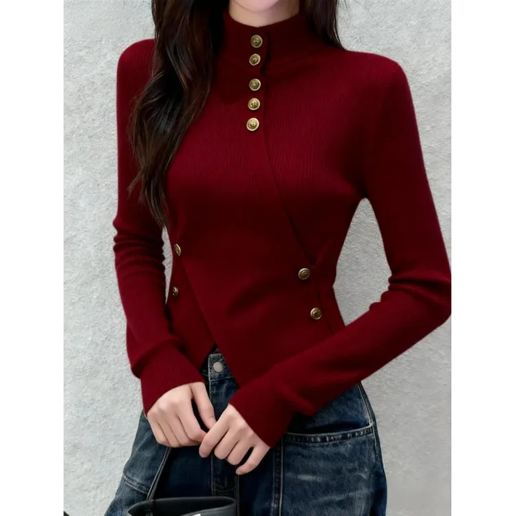 高级感时尚显瘦红色针织衫女秋冬新款小众修身半高领打底内搭上衣