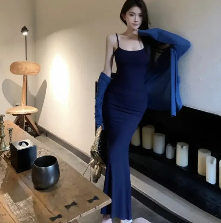新款辣妹装遮肉吊带纯欲性感修身鱼尾显瘦包臀连衣长裙-艺帆设计