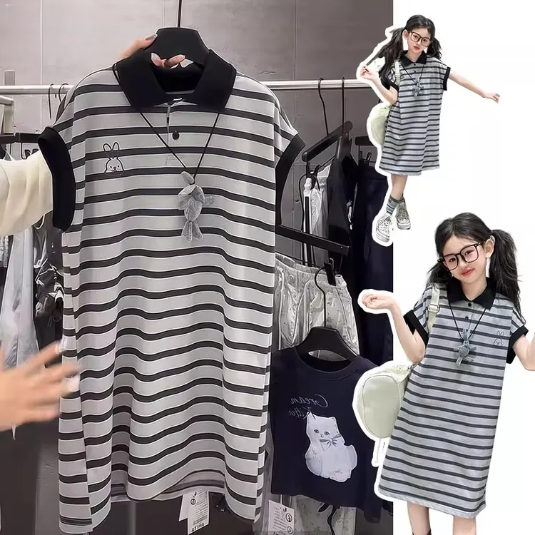  女童条纹短袖连衣裙2025夏季中大童polo领学院风初中生T恤公主裙