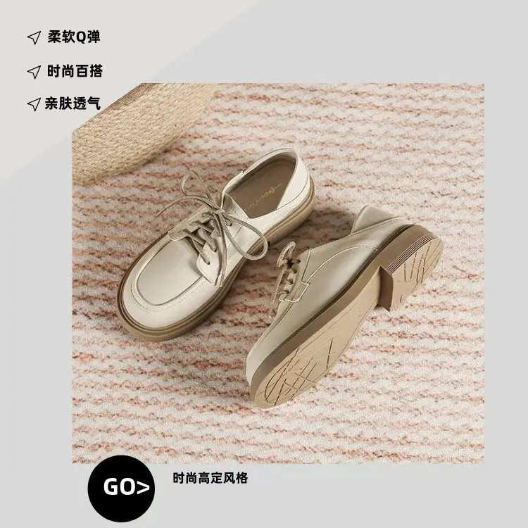2025新款英伦风软皮小皮鞋女方头系带平底单鞋乐福鞋厚底百搭透气