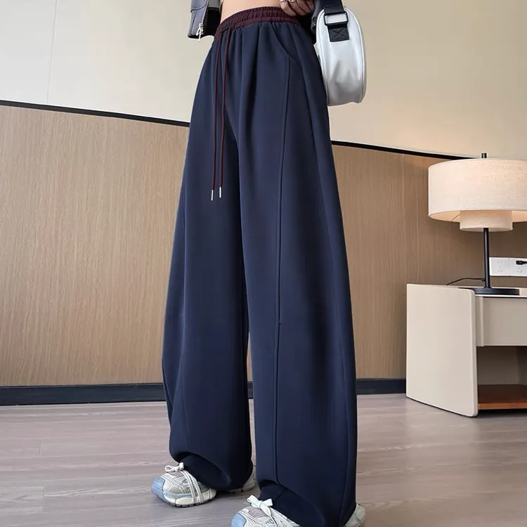 高腰弯刀裤刺绣秋冬加绒加厚阔腿裤休闲裤双裤腰字母口袋86007