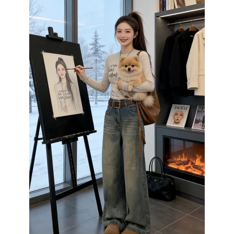 复古拼接设计感阔腿牛仔裤女时尚冬季新款时尚减龄气质洋气裤子