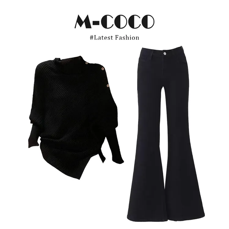 INS CEC法式复古慵懒风高领不规则毛衣高腰百搭微喇裤早秋套装