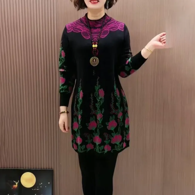 秋季高端新款气质潮流中长款针织裙中老年妈妈宽松漂亮舒适大版衫