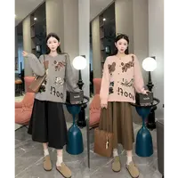 2025新款秋冬季孕妇装女卡通猫咪宽松开衫外套+半身裙套装两件套