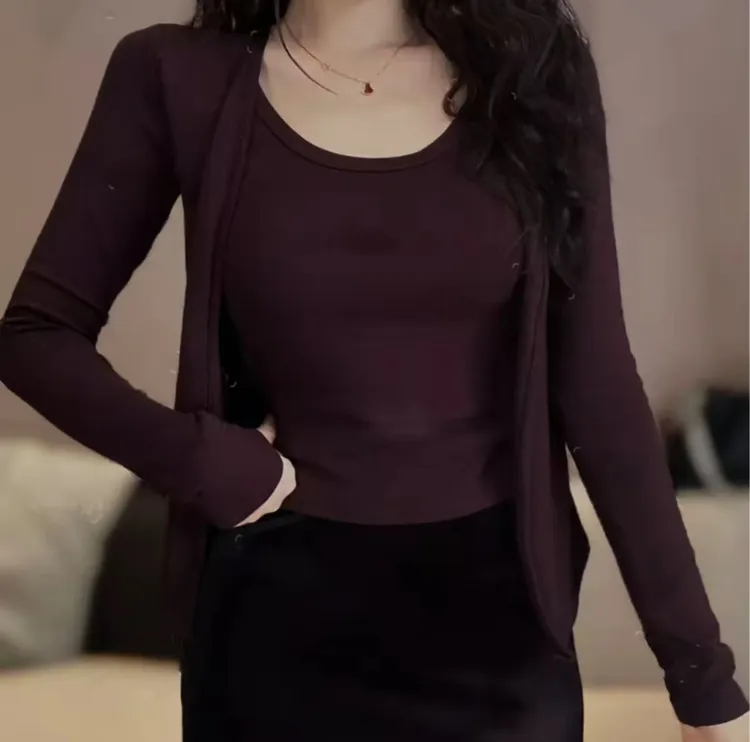 网红2025早秋假两件套设计感长袖女宽松显瘦气质减龄打底上衣8278