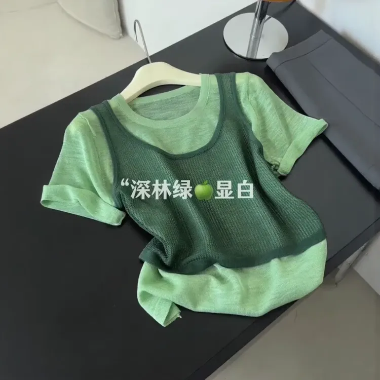 绿色假两件短袖女夏薄款气质轻奢高级感独特漂亮时尚减龄洋气T恤