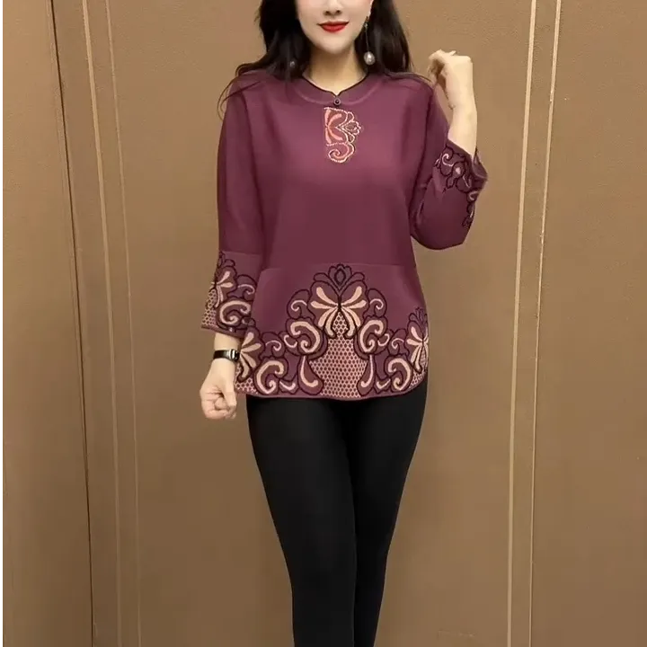 中老年妈妈装时尚洋气民族风印花显瘦2025秋冬新款毛衣针织打底衫