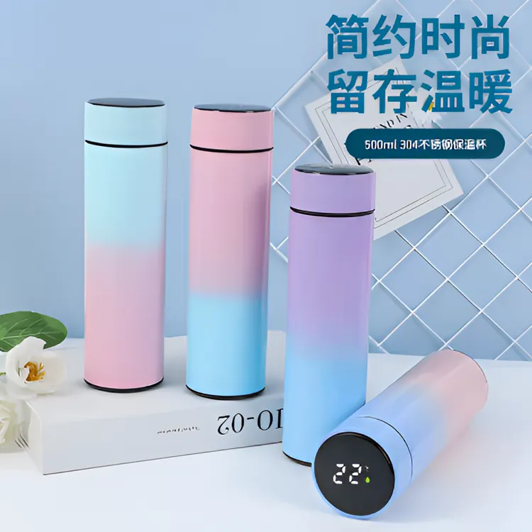 智能时尚渐变色温显直身保温杯304不锈钢男女便携杯简约学生