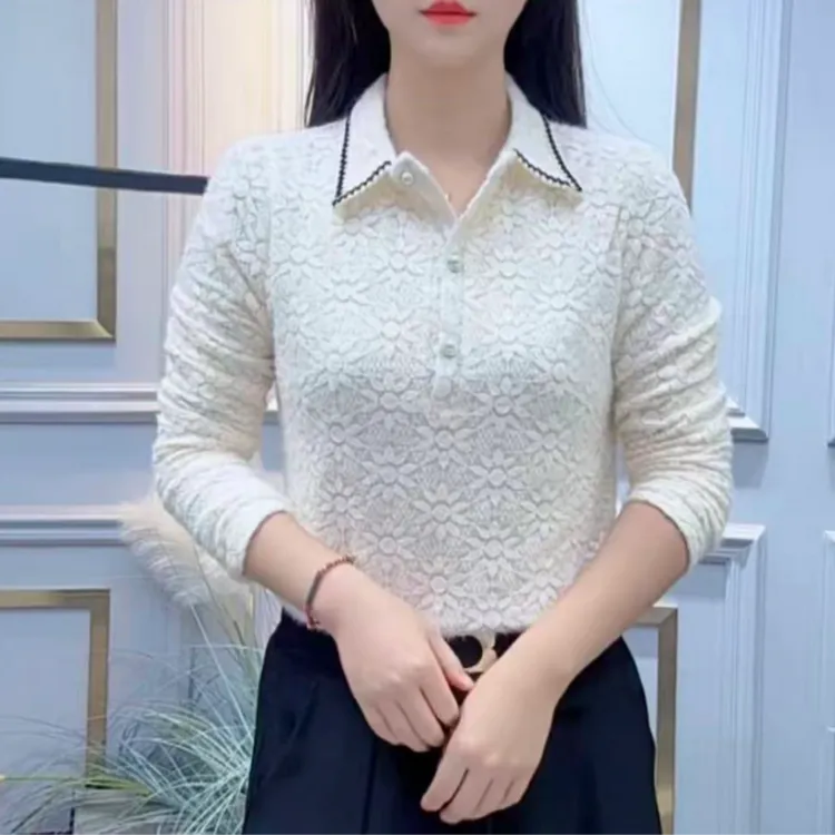 2025冬季新款显瘦加绒简约衬衫女洋气减龄时尚百搭设计感蕾丝衬衣