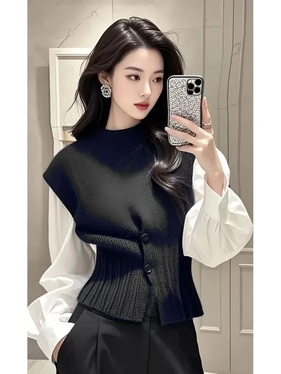 假两件女拼接长袖针织衫蔻菲图2025秋季新款圆领收腰修身显瘦气质