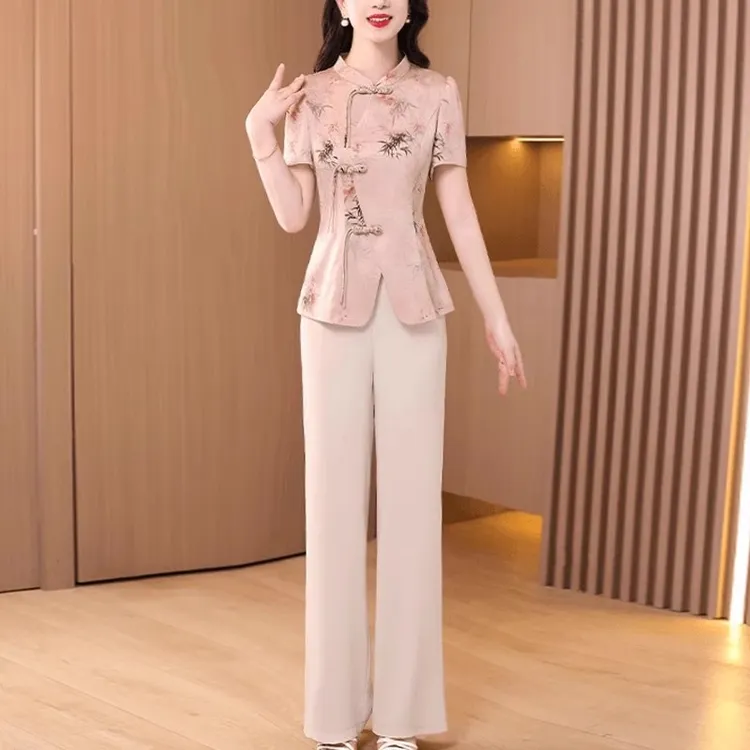 拉夏贝高端职业套装2025新款女夏装阔太太洋气杭州品牌唐装两件套