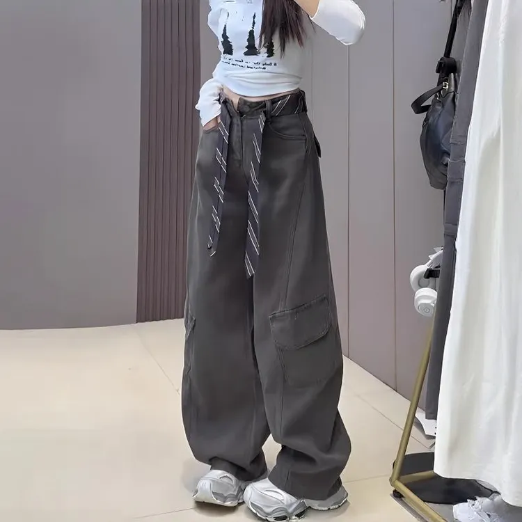 2025秋季新款韩系欧货腰带宽松阔腿工装裤女休闲百搭显瘦长裤高腰