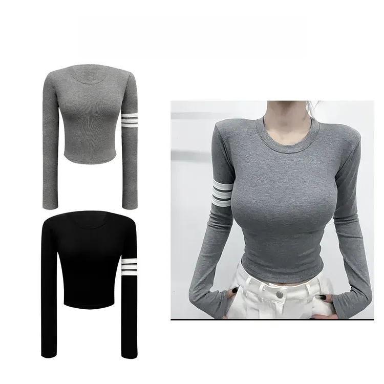 【现货+运费险补贴】长袖辣妹T恤女老钱风条杠时髦修身设计感上衣女