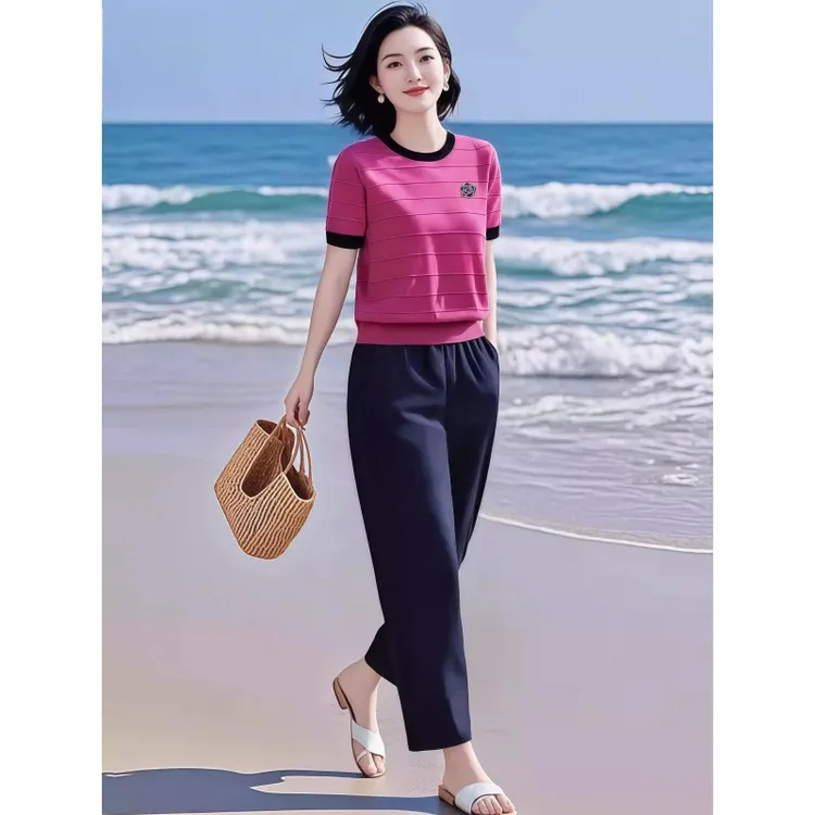 2025年夏季新款显瘦气冰丝凉爽遮肉针织衫宽松舒适休闲裤套装时尚