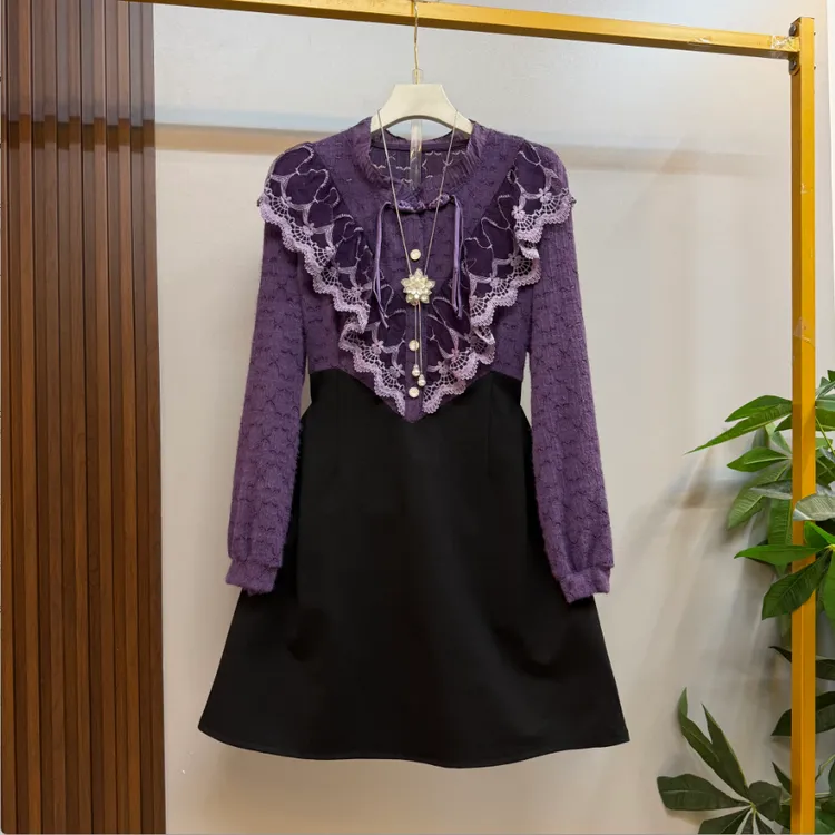 早秋新款时尚洋气蕾丝拼接显瘦连衣裙