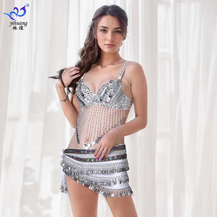 肚皮舞舞蹈服亮片演出服万圣节亮片流苏裙套装串珠文胸舞台表演服