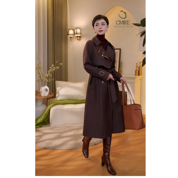 【橙蜜客】安然浅意 轻奢质感复古系带长款风衣外套2553F000379