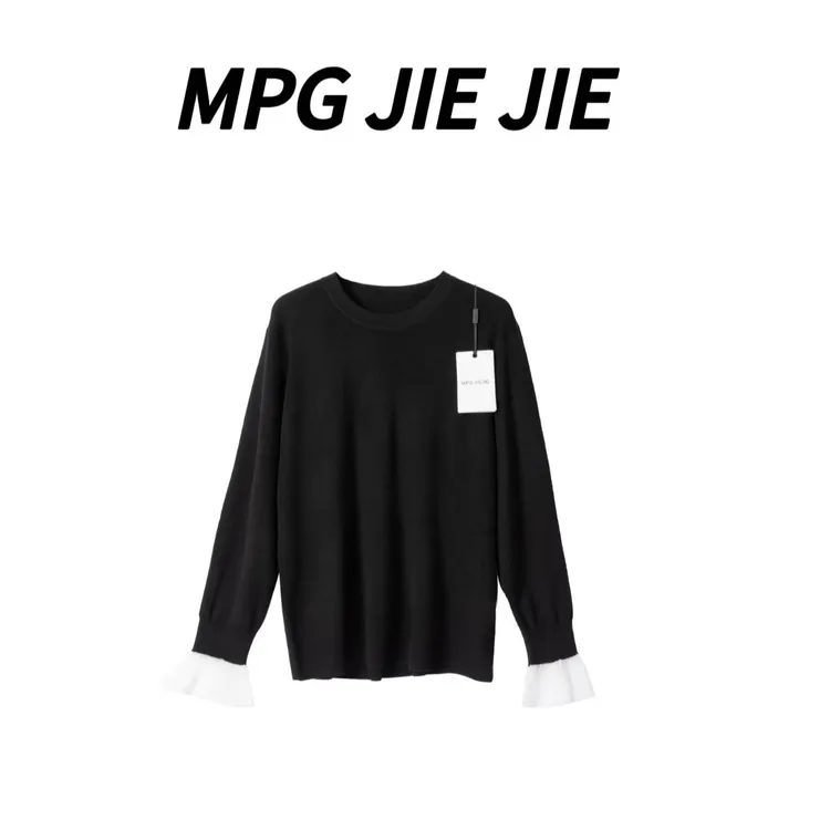 MPG JIEJIE【梦幻女孩】大码早秋拼接正肩针织衫