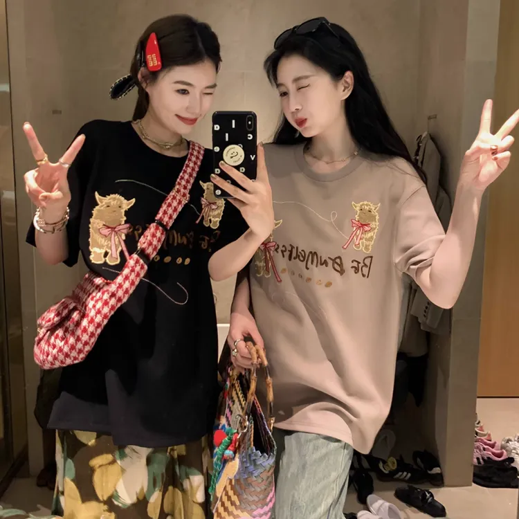 贴布绣圆领短袖卡通动漫贴布T恤ins半袖设计感百搭显瘦夏季