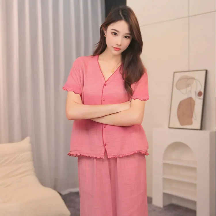 棉纱春秋纯色套装家居服睡衣夏季薄款家居服时尚休闲女士