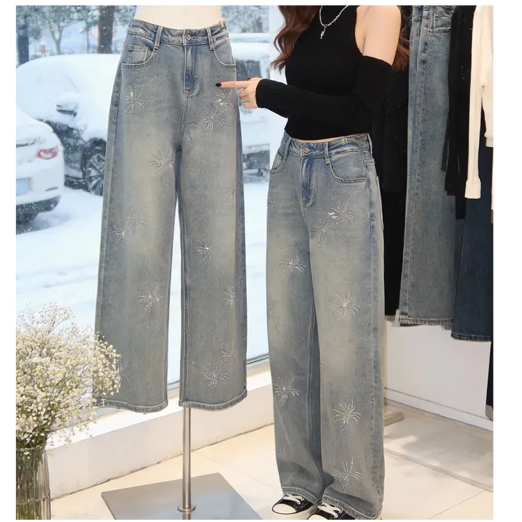 【星钻烟火】烫钻长裤加绒单裤牛仔裤森系直筒阔腿牛仔裤