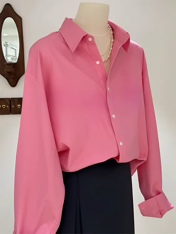 法式高端小衫粉色上衣女2025春秋新款薄款单排扣衬衣长袖纯棉衬衫