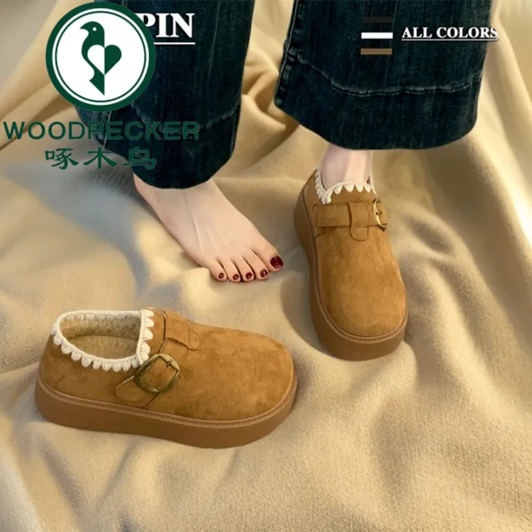 啄木鸟厚底加绒勃肯鞋女2025新款秋冬季豆豆鞋保暖雪地靴低帮棉鞋