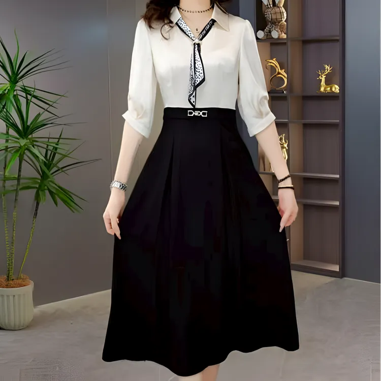 2025年新款早秋时尚气质小香风洋气百搭七分袖高质感穿搭连衣裙子