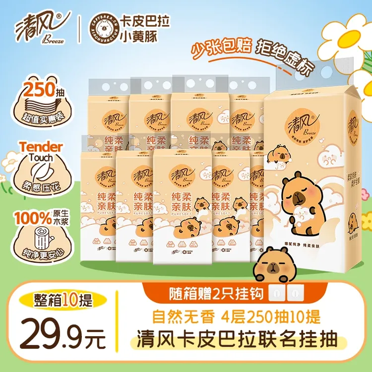 清风卡皮巴拉挂抽抽纸10提整箱悬挂式4层加厚250抽卫生纸面巾纸巾