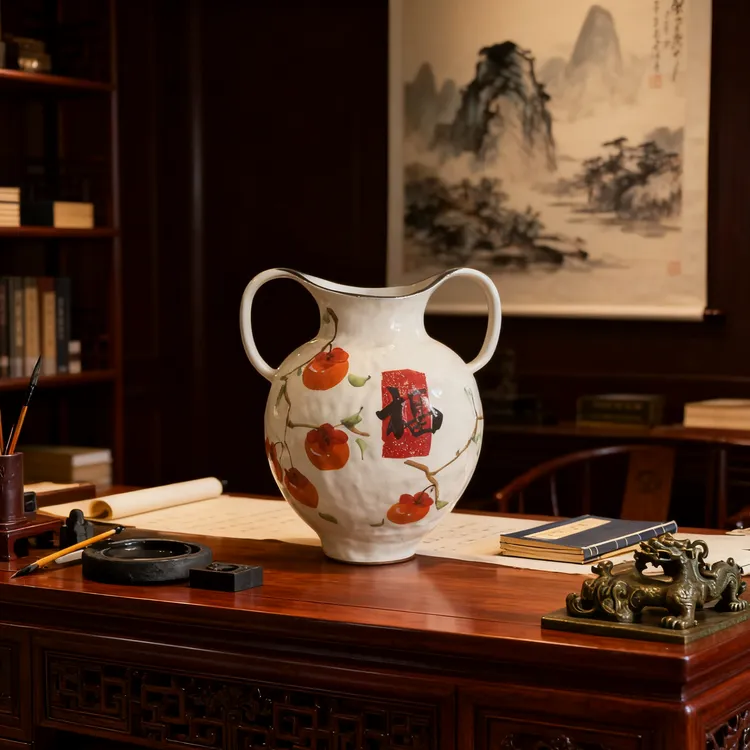 春节精选景德镇手工陶瓷花瓶紫砂泥手绘柿事如意双耳百搭家居摆件