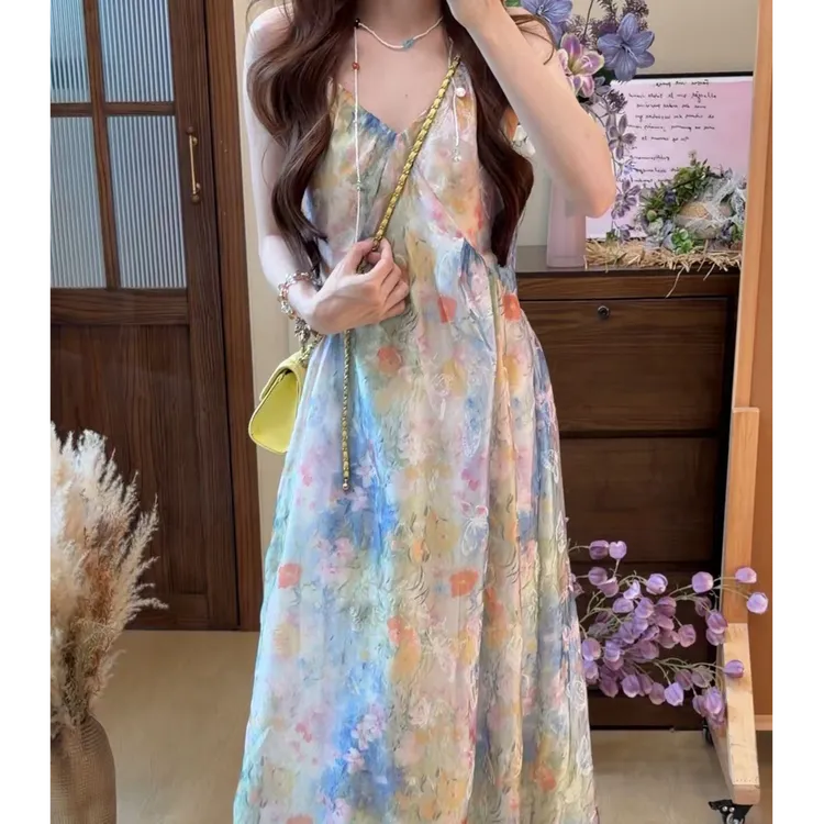 (6r运补)【自制设计款】8773#夏季新款琉璃焕彩碎花吊带掐腰显