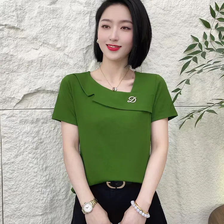 【韩紫朵 】2025夏季不规则洋气漏肩时尚百搭t恤显瘦短袖2501