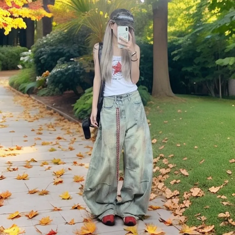 美式阔腿裤牛仔裤直筒做旧高街宽松秋季女复古潮流弯刀裤2025新款