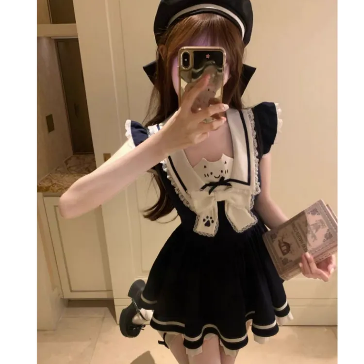 甜美可爱奶乖少女软妹海军领洛丽塔撞色拼接蕾丝无袖黑色蓬蓬裙子