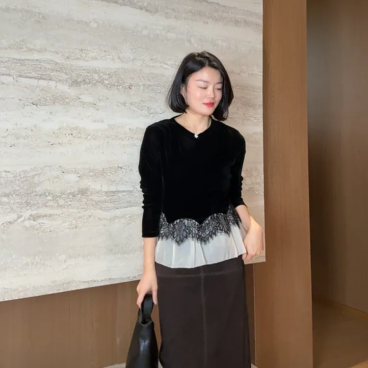 TANTAN 秋季时尚显瘦长袖拼接100植物绒上衣2984