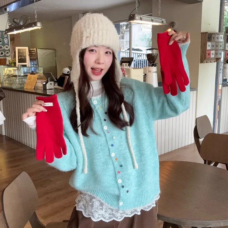 甜美风彩扣撞色小众减龄气质长袖毛衣开衫女秋季显瘦百搭宽松上衣