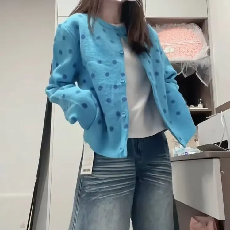 美式复古波点圆领开衫毛衣外套女早秋季短款软糯慵懒风针织衫上衣