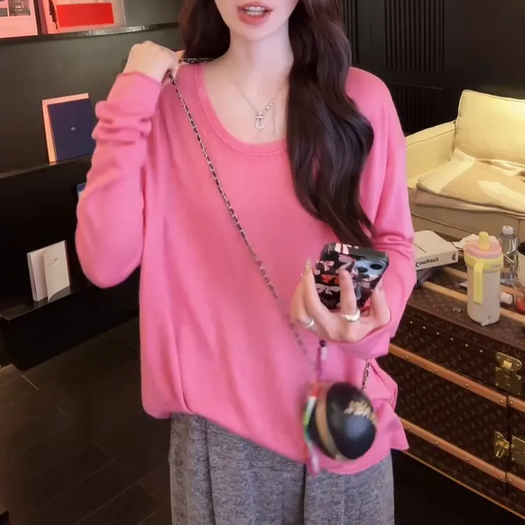 百搭舒适针织长袖T恤 奶油慕斯 春秋薄款修身上衣LK2501452