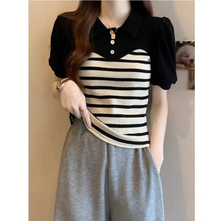大码遮肚子假两件插肩条纹打底衫女夏季胖妹妹显瘦泡泡袖短款上衣
