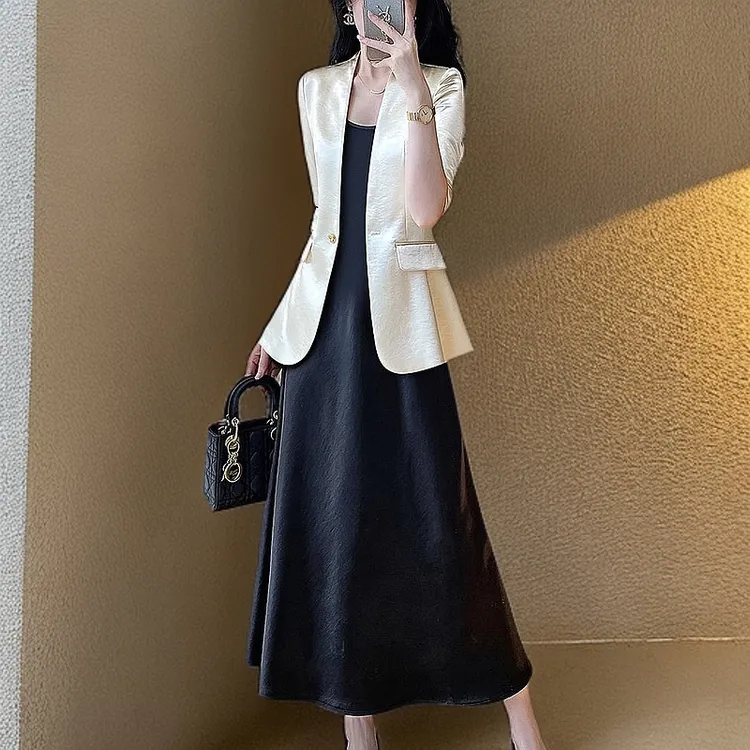 西装外套女士杏色中袖醋酸西服连衣裙高端气质女神范职业夏季薄款